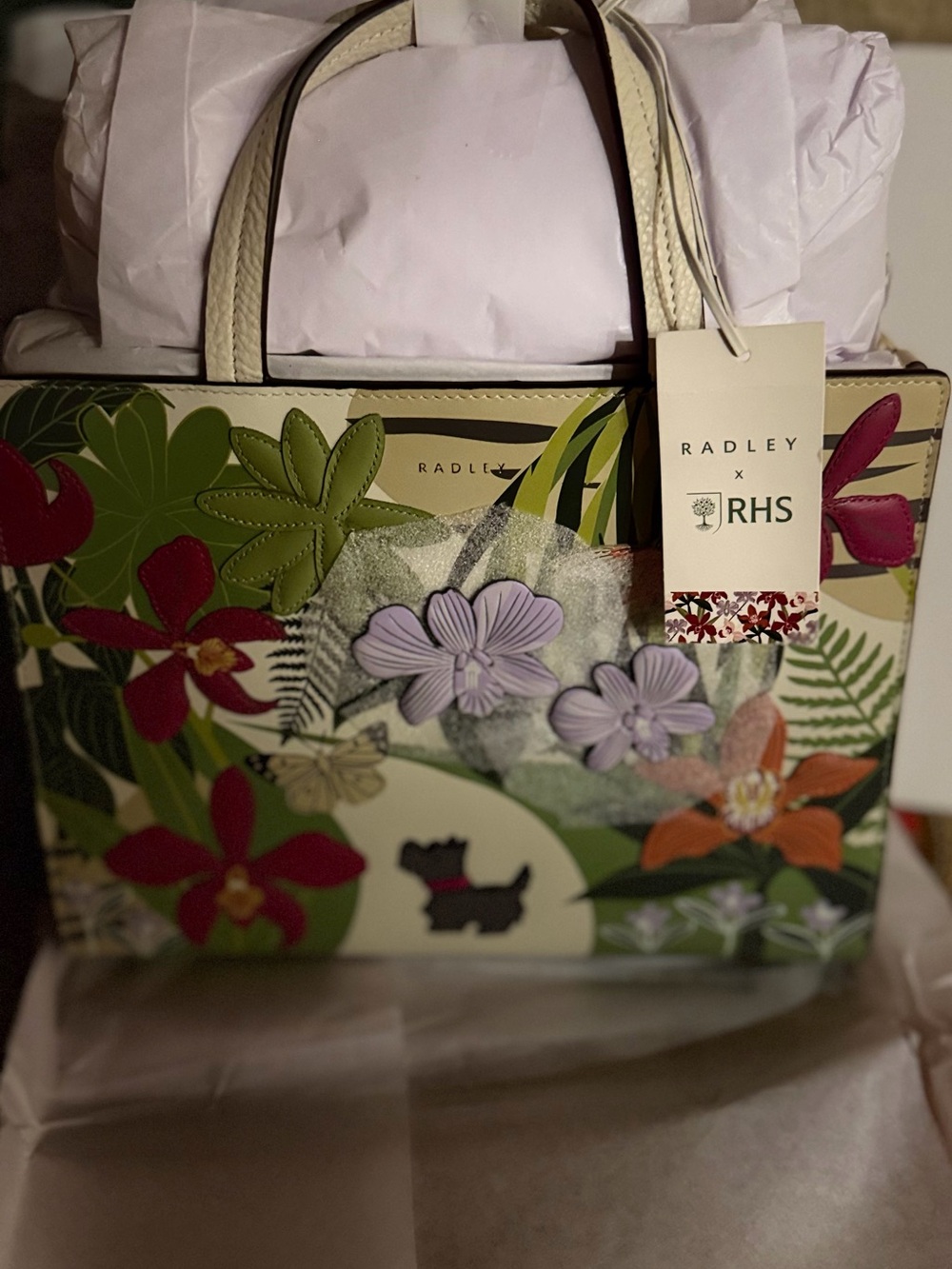 Radley London Botanical Appliqué Tote in Cream and Green. Collectible